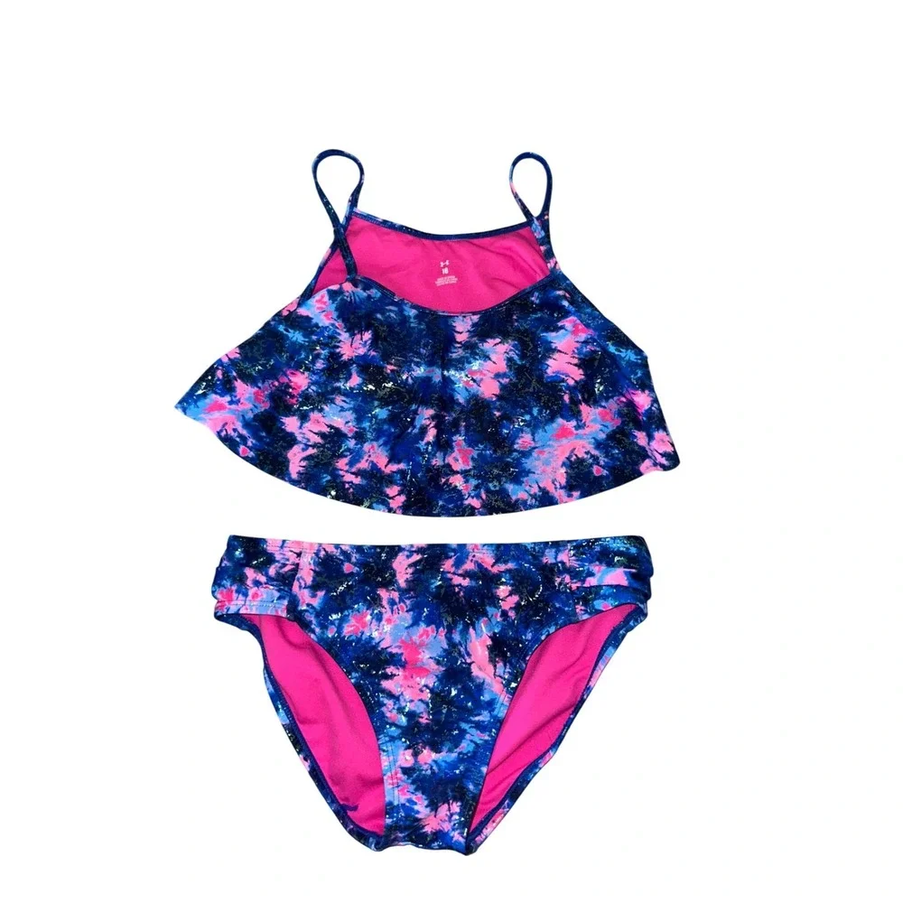 Under Armour bikini set tie-dye style print photon blue and bright pink 16 girls